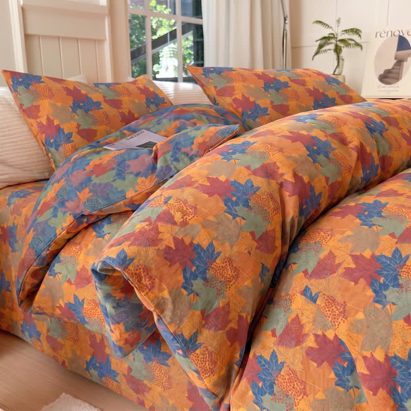 Colorful Maple Leaf Cotton Duvet Cover Bedding Set - Orange & Blue - Bedding Set(4PCS) - King - image 14