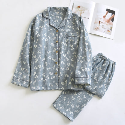 Cotton Gauze Leaf Print Pajama Set - Gray - XL - image 0