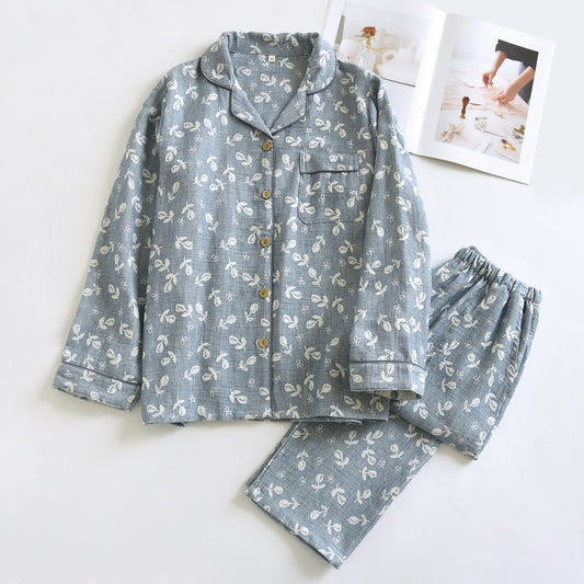 Cotton Gauze Leaf Print Pajama Set - Gray - XL - image 0