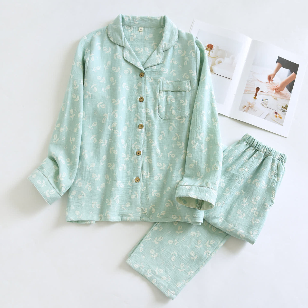 Cotton Gauze Leaf Print Pajama Set - Green - XL - image 2