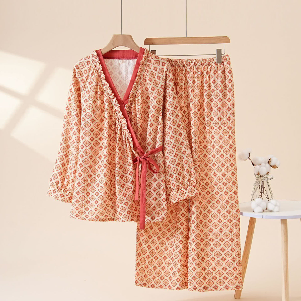 Geometric Ruffle Trim Cotton Loungewear Set - Beige - XL - image 0