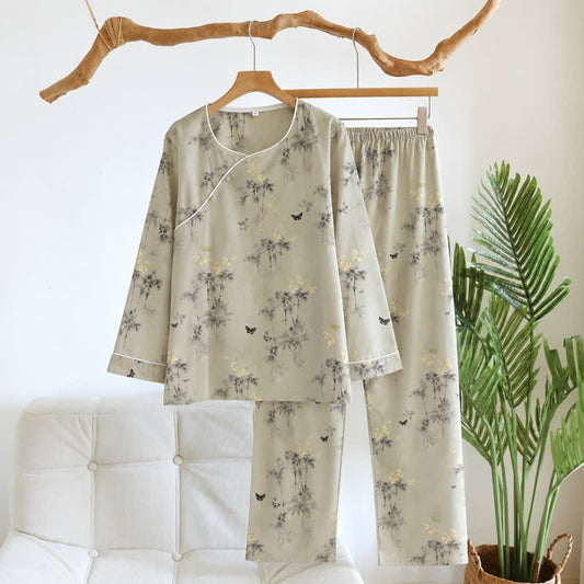 Oriental Bamboo Butterfly Cotton Loungewear Set - Light Coffee - XL - image 0