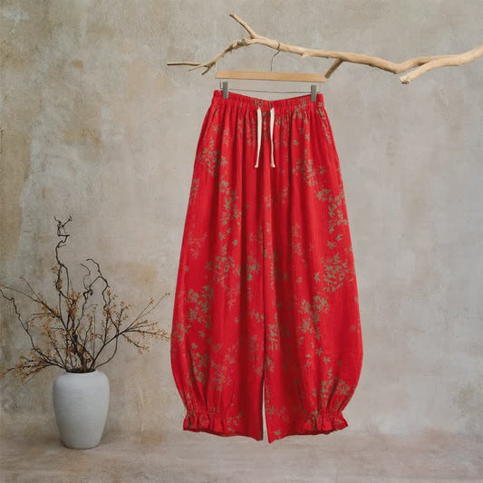 Red Floral Cotton Loungewear Pants - image 0