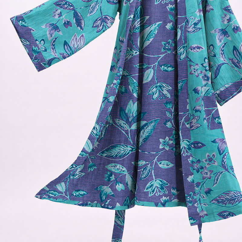Blue & Purple Leaf Cotton Kimono Robe - image 4
