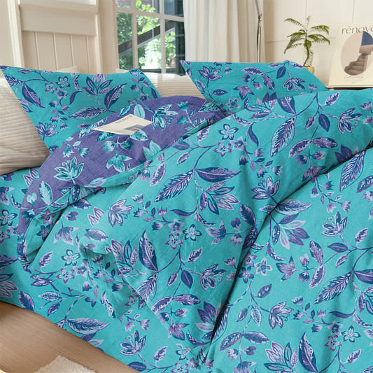 Blue & Purple Leaf Cotton Duvet Cover Bedding Set - Blue - Bedding Set（4PCS） - King - image 0