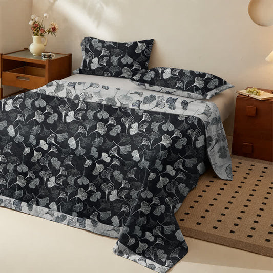 Vintage Black Ginkgo Leaf Reversible Cotton Bedding Set - Black - Bedspread with 2PCS Pillowcases - King - image 0