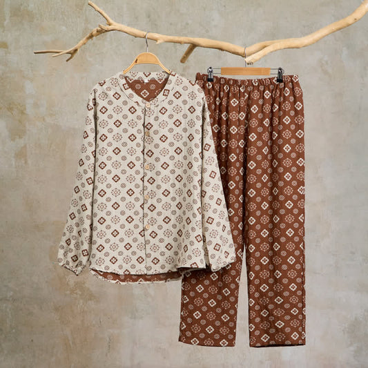 Retro Geometric Long Sleeve Pajama Set - Light Coffee - XL - image 0