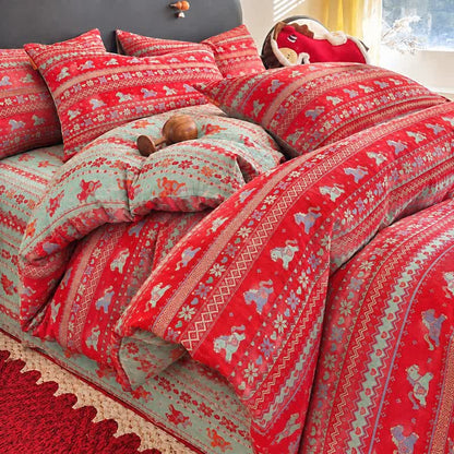 Ethnic Horse Cotton Duvet Cover Bedding Set - Red & Green - Bedding Set(4PCS) - King - image 0