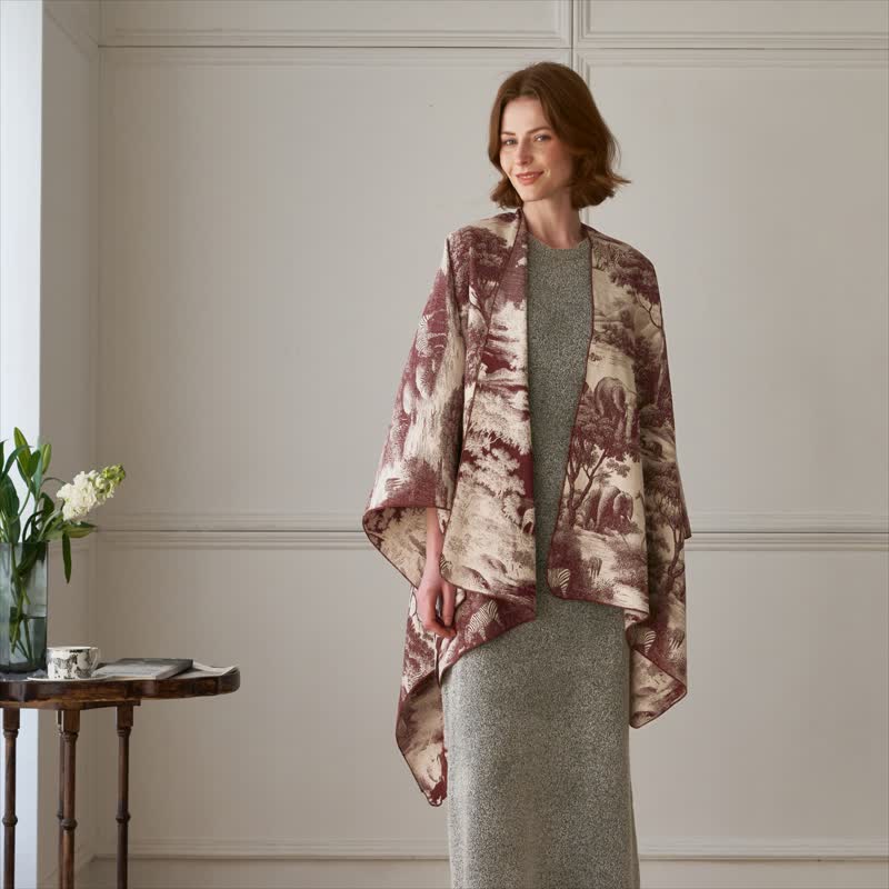 Vintage Jungle Toile Poncho Shawl Wrap - Claret - 51" x 63" - image 8