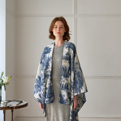 Vintage Jungle Toile Poncho Shawl Wrap - Blue - 51" x 63" - image 0