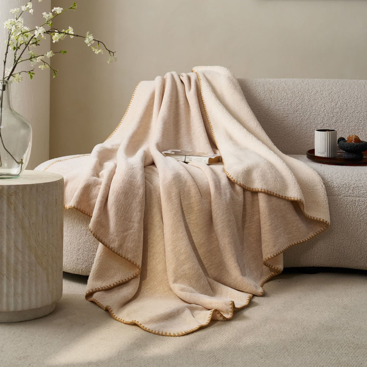 Minimalist Dual-Sided Sherpa Fleece Throw Blanket - Beige - 79"W x 90"L - image 11