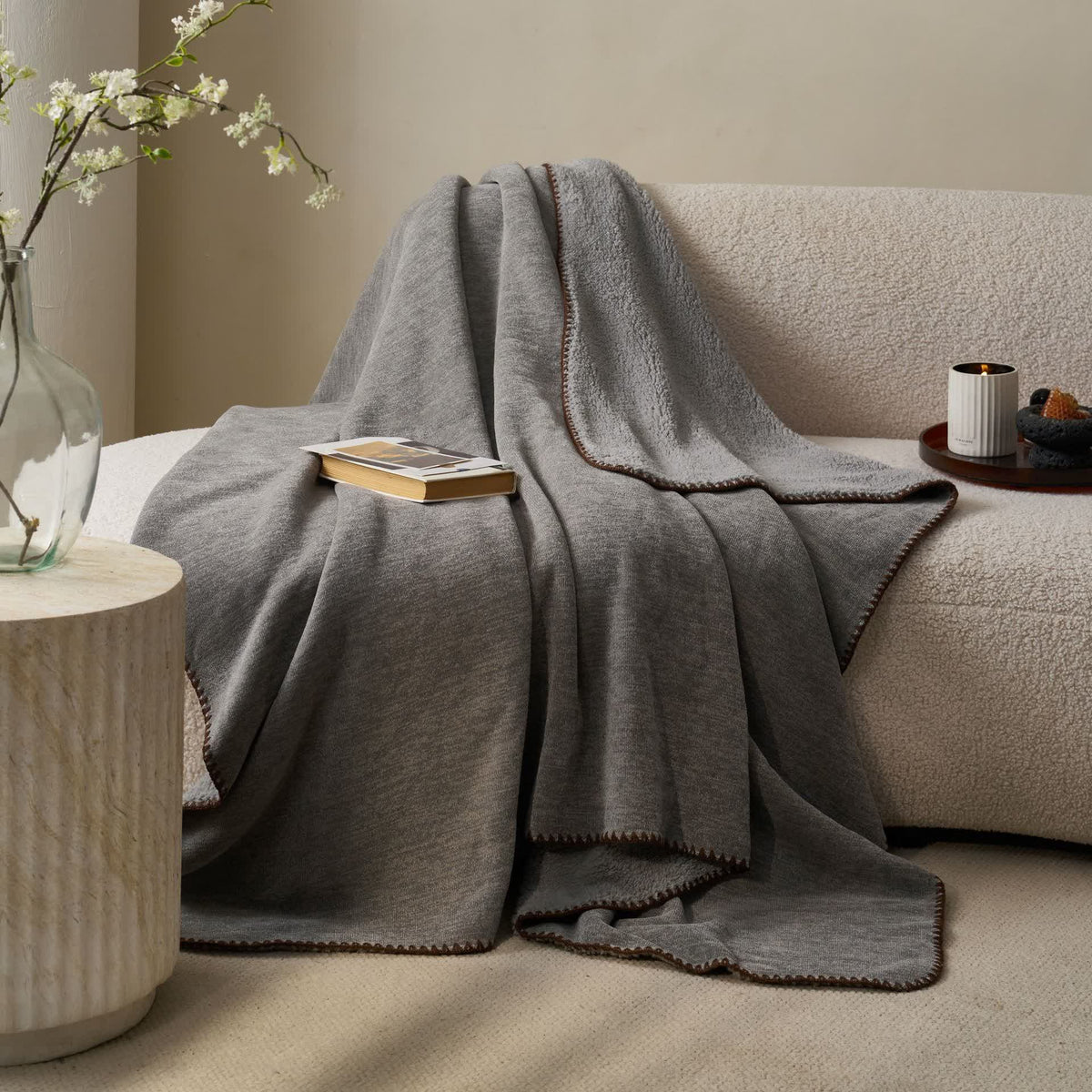 Minimalist Dual-Sided Sherpa Fleece Throw Blanket - Dark Gray - 79"W x 90"L - image 5