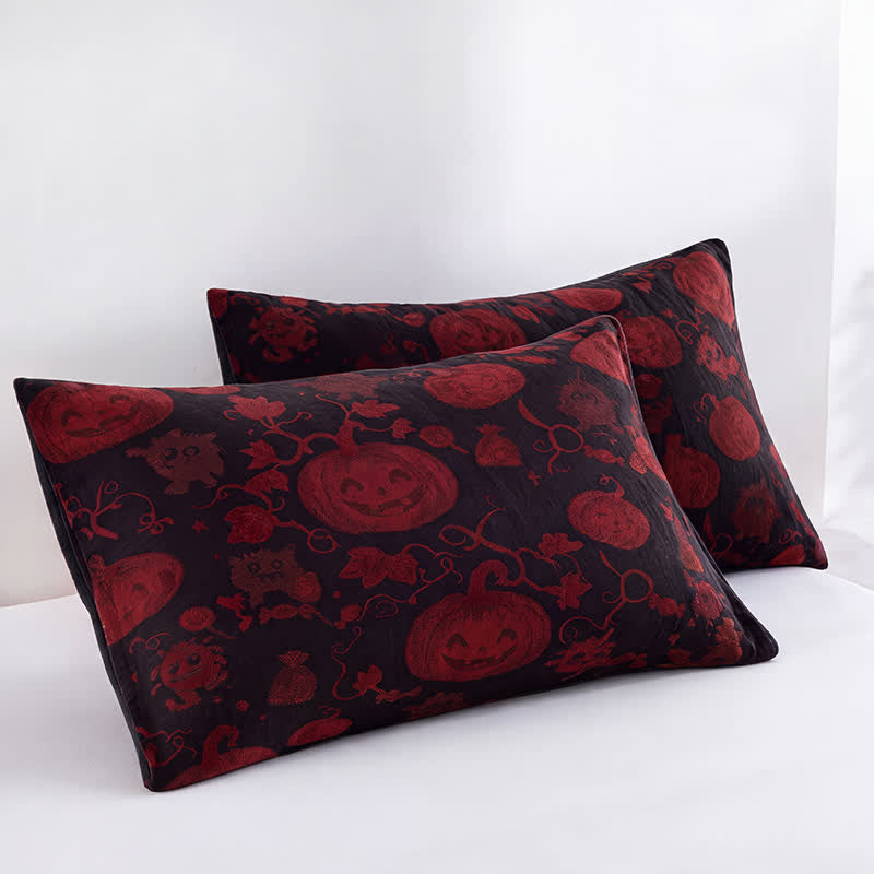 Burgundy Pumpkin Halloween Reversible Cotton Blanket - Black - 2PCS Pillowcases - 20" x 36" - image 9