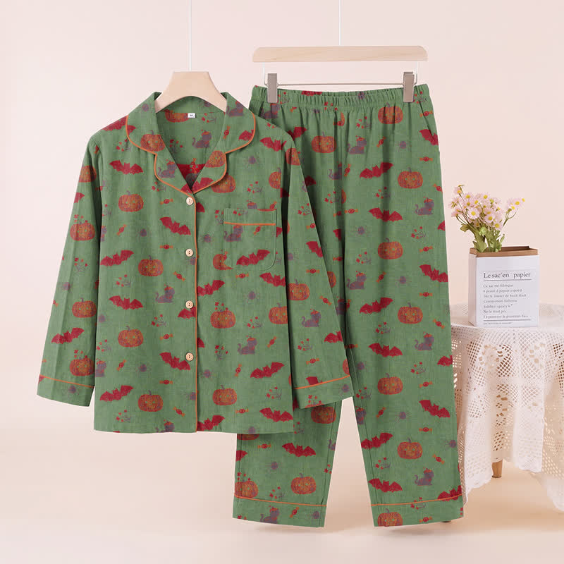 Halloween Pumpkin Bat Cotton Loungewear Set - Green - XL - image 7
