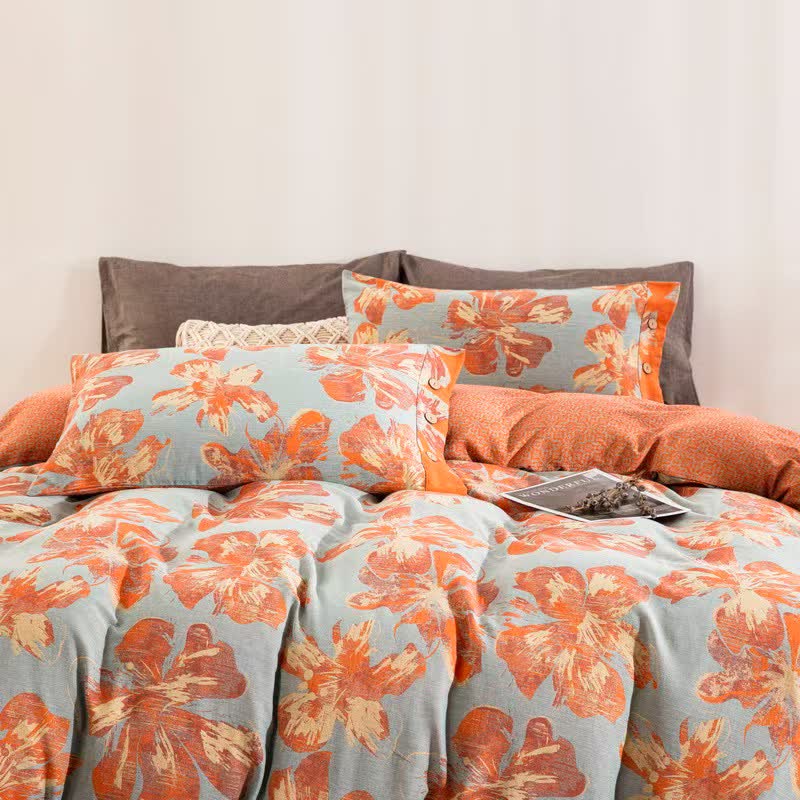 Artistic Flower Cotton Duvet Cover Bedding Set - Blue & Orange - Bedding Set（4PCS） - Cal King - image 0