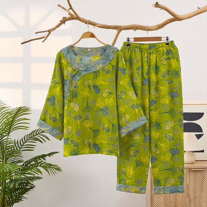 Oriental Ginkgo Leaf Cotton Pajama Set - Green - XXL - image 0