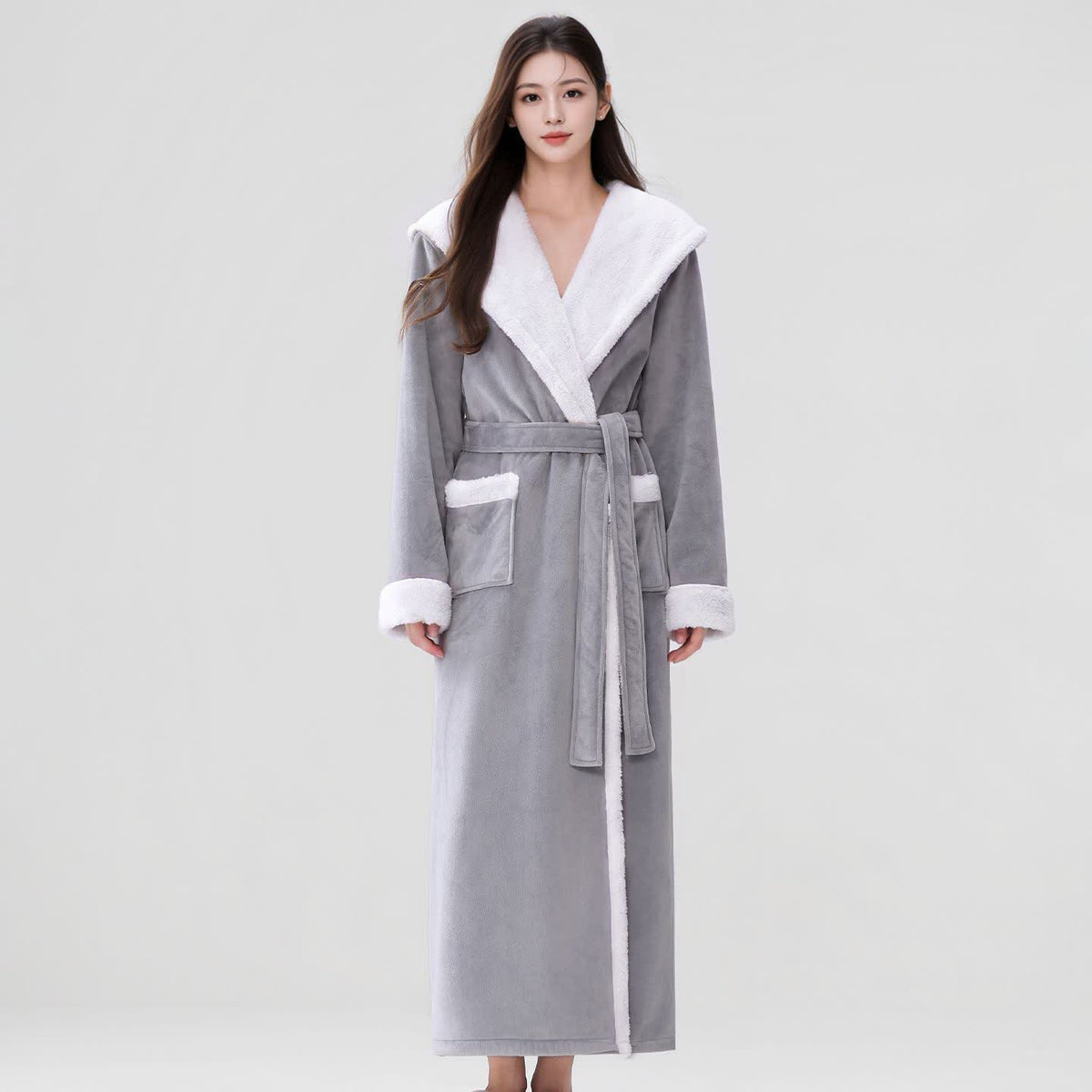 Cozy Plush Sherpa Hooded Long Bathrobe - Light Gray - Women XL - image 5