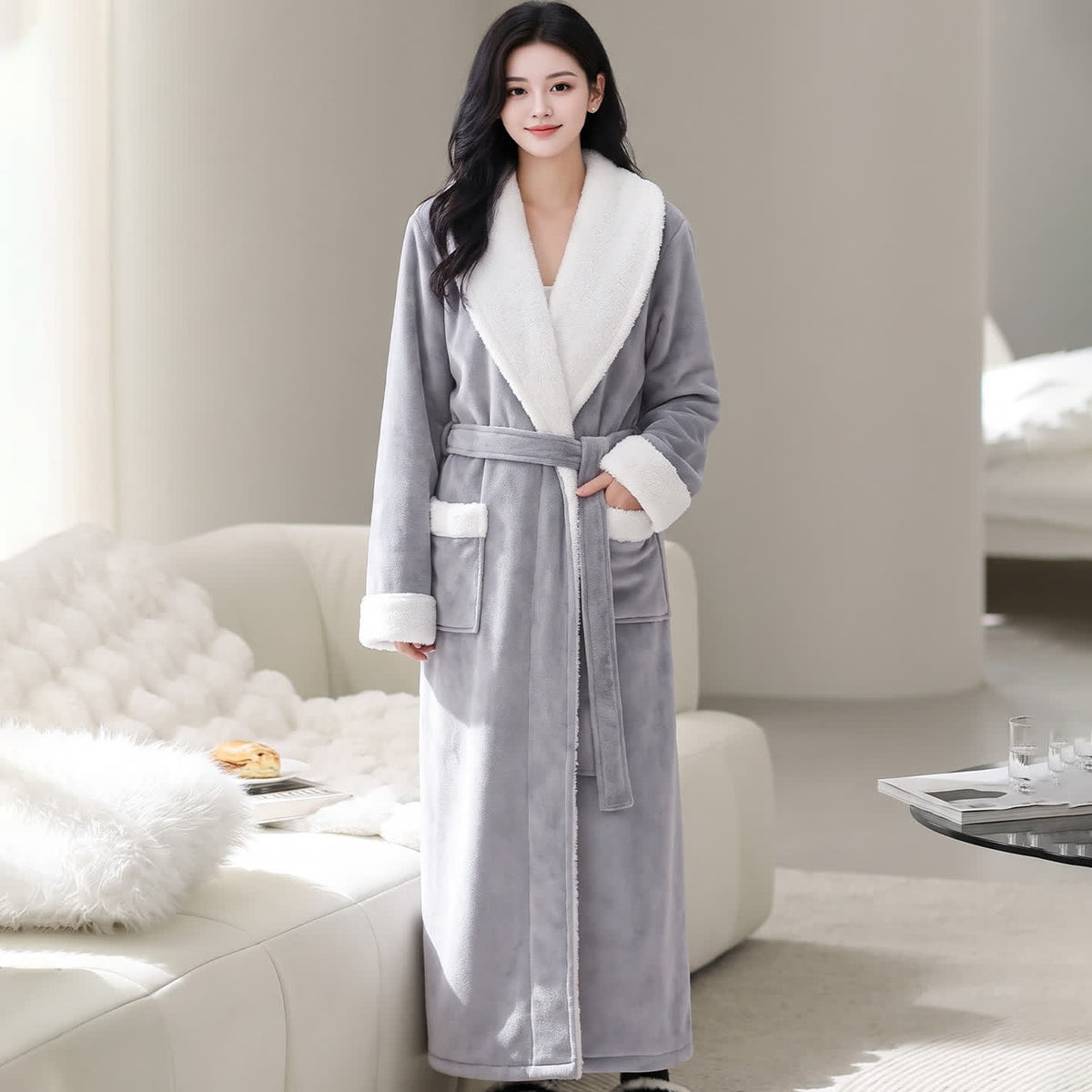Cozy Shawl Collar Fleece Lounge Bathrobe - Light Gray - Women XL - image 5