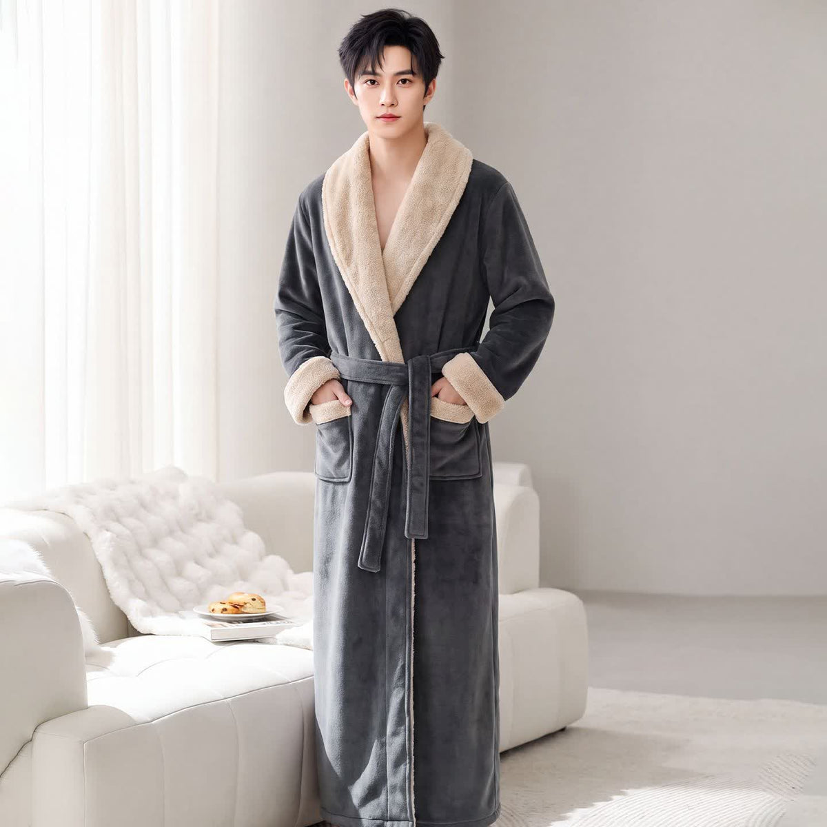 Cozy Shawl Collar Fleece Lounge Bathrobe - Dark Gray - Men XL - image 8