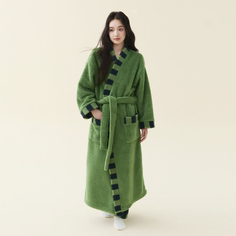 Soft Contrast Trim Plush Fleece Robe - Avocado Green - Bathrobe with pants - Women XL - image 1