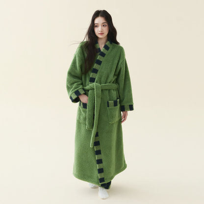 Soft Contrast Trim Plush Fleece Robe - Avocado Green - Bathrobe with pants - Women XL - image 1