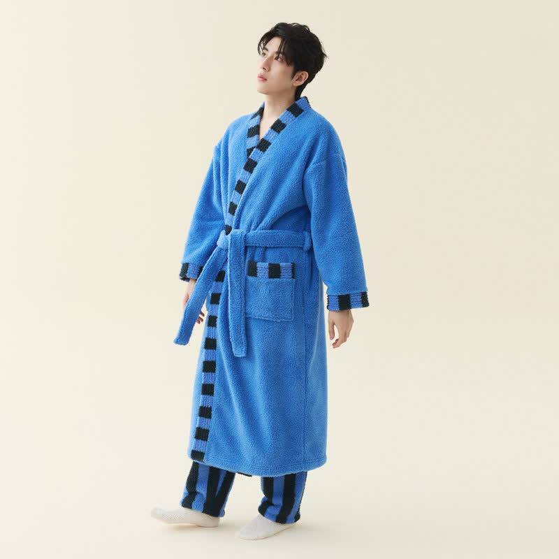 Soft Contrast Trim Plush Fleece Robe - Blue - Bathrobe with pants - Men 2XL - image 5