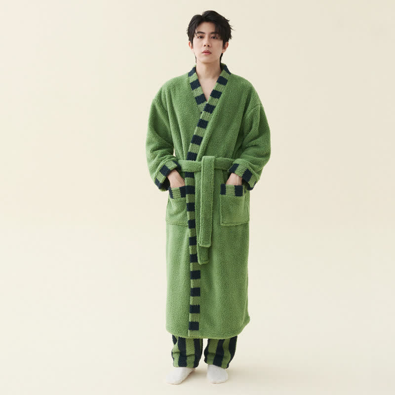 Soft Contrast Trim Plush Fleece Robe - Avocado Green - Bathrobe with pants - Men 2XL - image 3