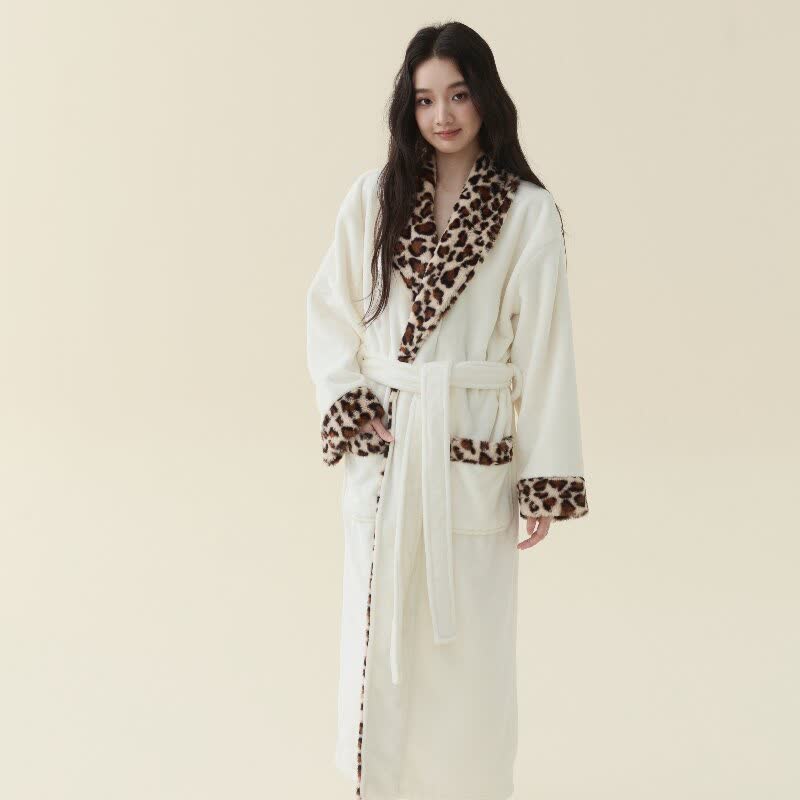 Leopard Trim Long Plush Fleece Bathrobe - White - XL - image 1