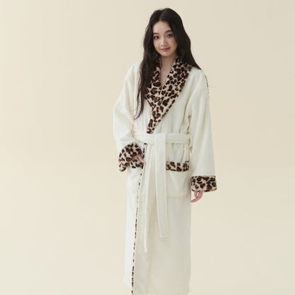 Leopard Trim Long Plush Fleece Bathrobe - White - XL - image 1