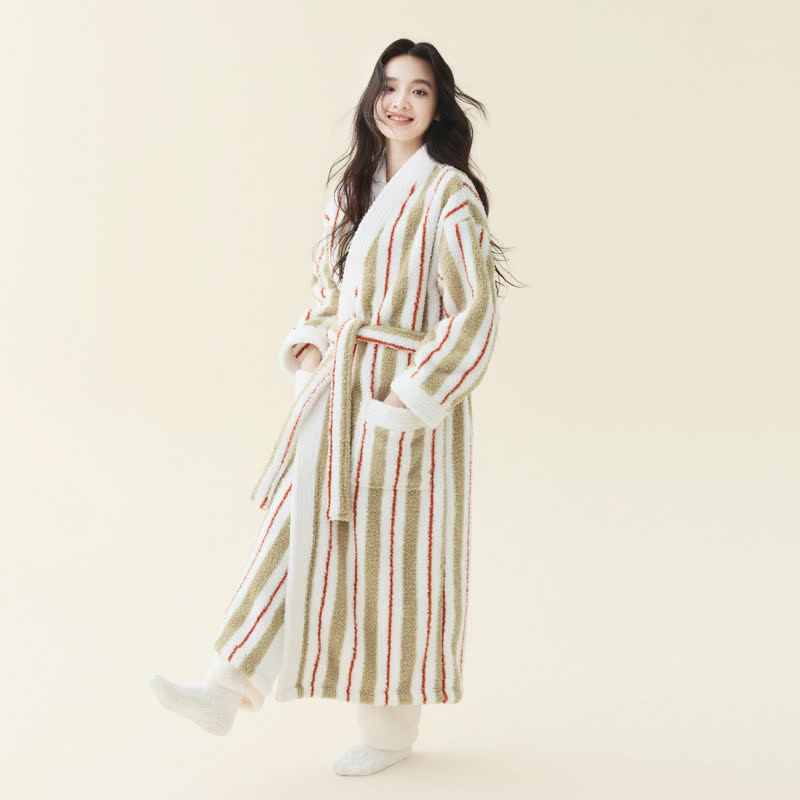 Longline Striped Fleece Kimono Bathrobe - Off-white - Women XL - image 1