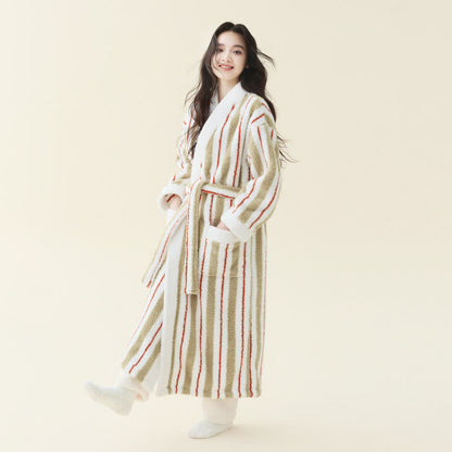 Longline Striped Fleece Kimono Bathrobe - Off-white - Women XL - image 1