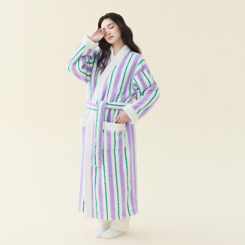 Longline Striped Fleece Kimono Bathrobe - Purple - Women XL - image 11