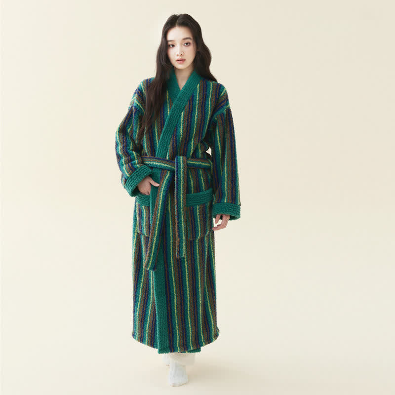 Longline Striped Fleece Kimono Bathrobe - Dark Green - Women XL - image 4