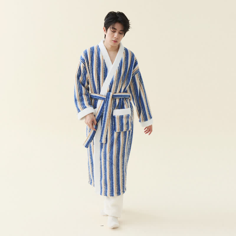 Longline Striped Fleece Kimono Bathrobe - Navy Blue - Men 2XL - image 8