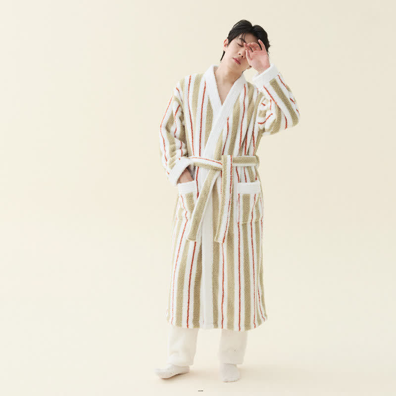 Longline Striped Fleece Kimono Bathrobe - Off-white - Men 2XL - image 2