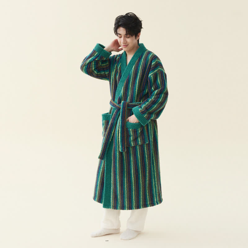 Longline Striped Fleece Kimono Bathrobe - Dark Green - Men 2XL - image 5
