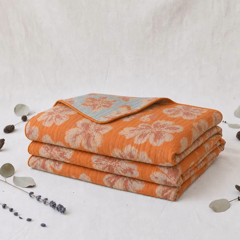 Reversible Orange & Blue Flower Cotton Quilt - image 3