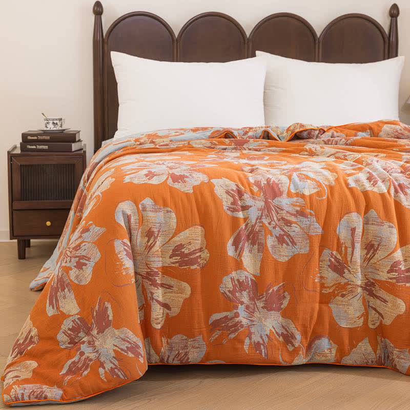 Reversible Orange & Blue Flower Cotton Quilt - image 12