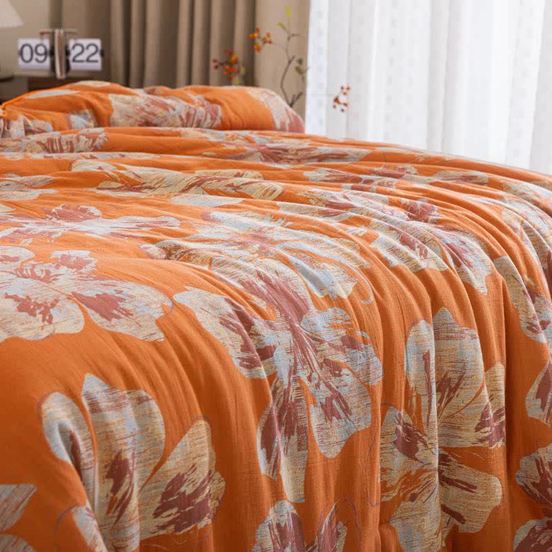 Reversible Orange & Blue Flower Cotton Quilt - image 16