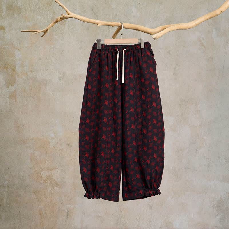 Vintage Ginkgo Leaf Cotton Harem Pants - Black - XXL - image 9