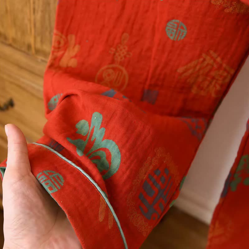 Chinese Red Cotton Fu Motif Pajama Set - image 9