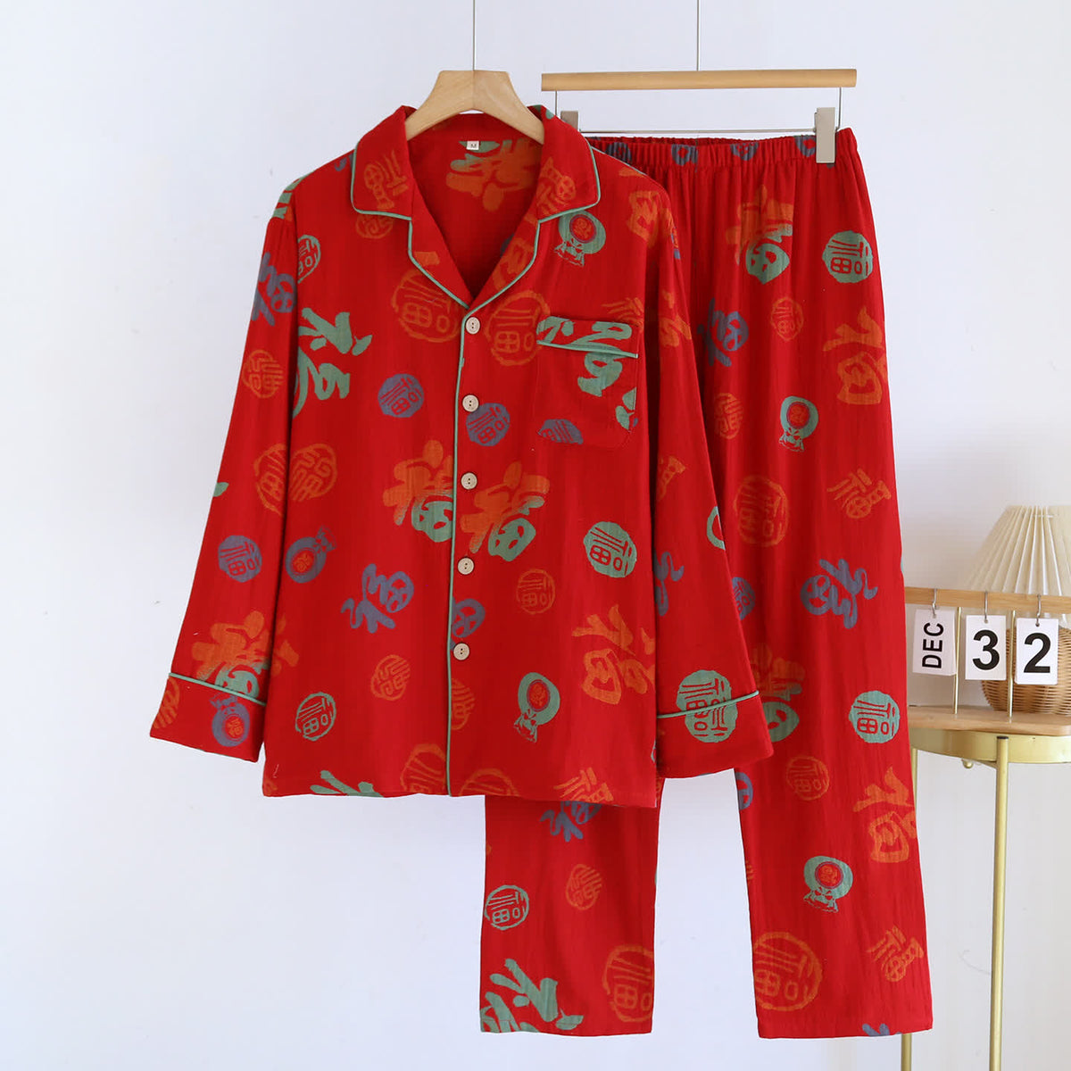 Festive Red Cotton Gauze Couple Pajama Set - Red - Men 2XL - image 13