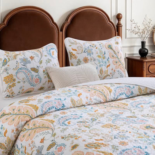 Country Style Multicolor Flower Cotton Quilt Set - Creamy White - Quilt with 2PCS Pillowcases - King - image 0