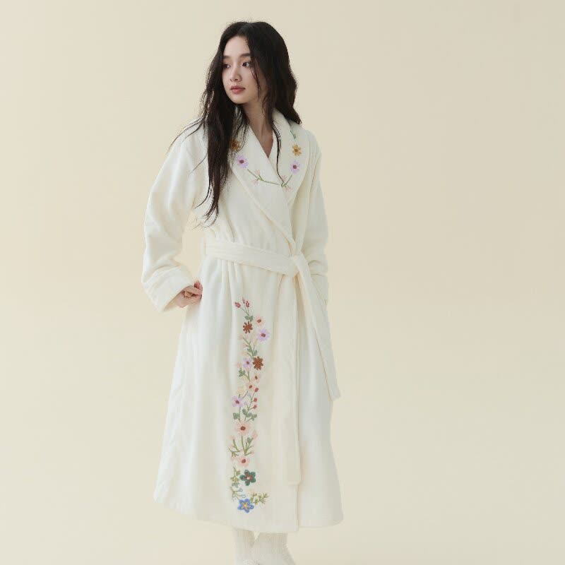 Floral Embroidered Long Shawl Collar Bathrobe - Beige - XL - image 0