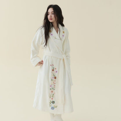Floral Embroidered Long Shawl Collar Bathrobe - Beige - XL - image 0