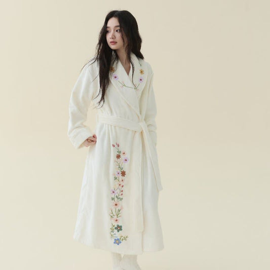 Floral Embroidered Long Shawl Collar Bathrobe - Beige - XL - image 0