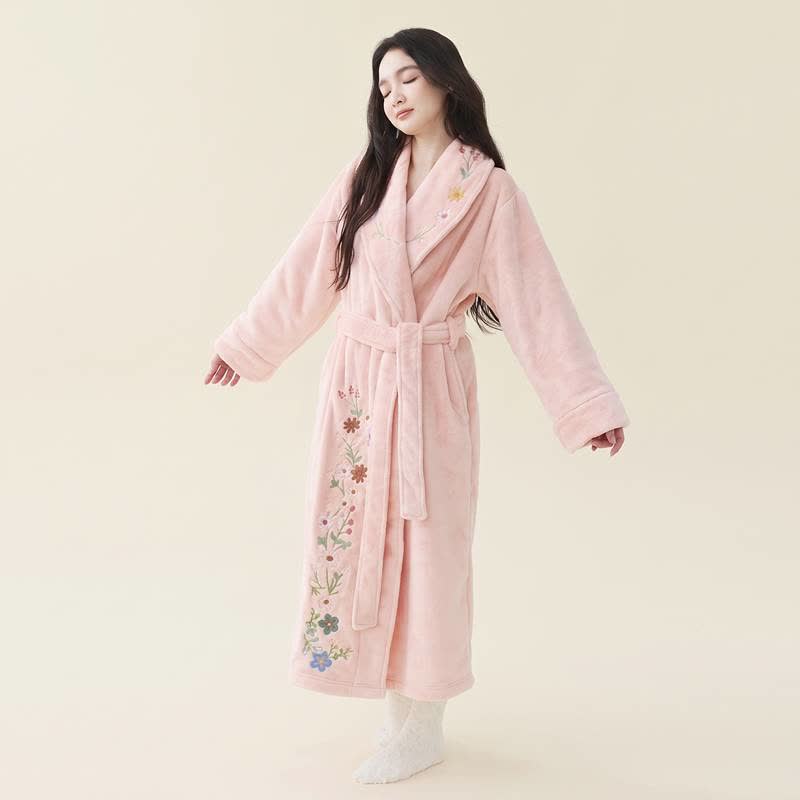Floral Embroidered Long Shawl Collar Bathrobe - Pink - XL - image 5