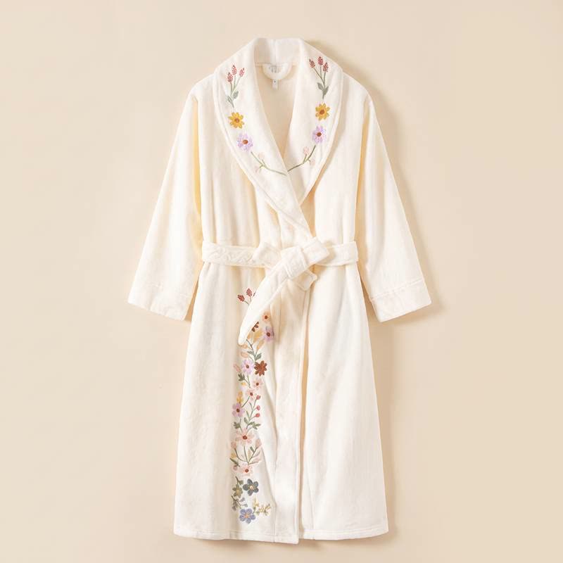 Floral Embroidered Long Shawl Collar Bathrobe - image 3