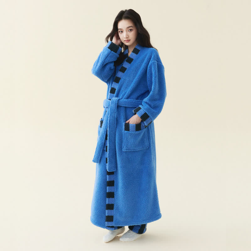 Soft Contrast Trim Plush Fleece Robe - Blue - Bathrobe with pants - Women XL - image 4