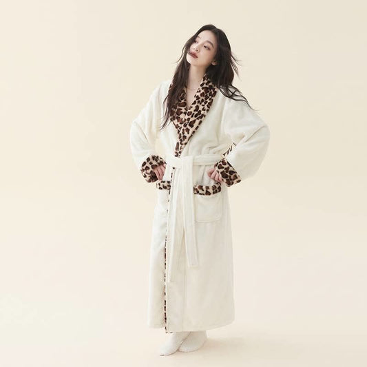 Leopard Trim Long Plush Fleece Bathrobe - image 0